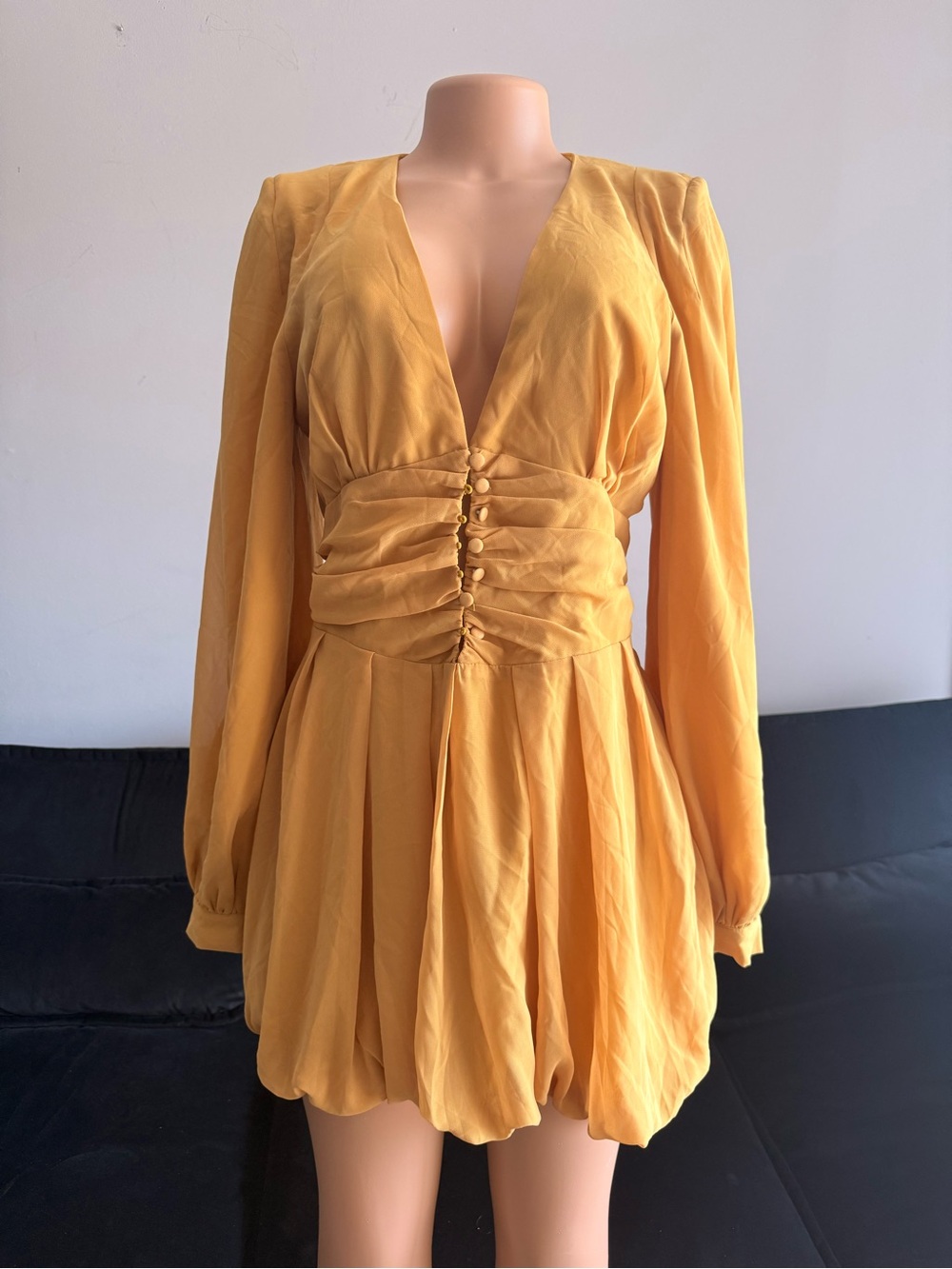Boohoo Mustard Plunge Long-Sleeve Ruched Mini Dress